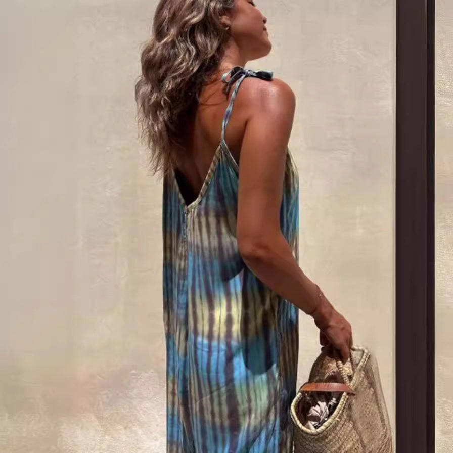 Women’s Jumpsuit – Loose Fit – Adjustable Straps – V-Neck – Tie Waist – Printed Cotton