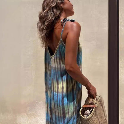 Women’s Jumpsuit – Loose Fit – Adjustable Straps – V-Neck – Tie Waist – Printed Cotton