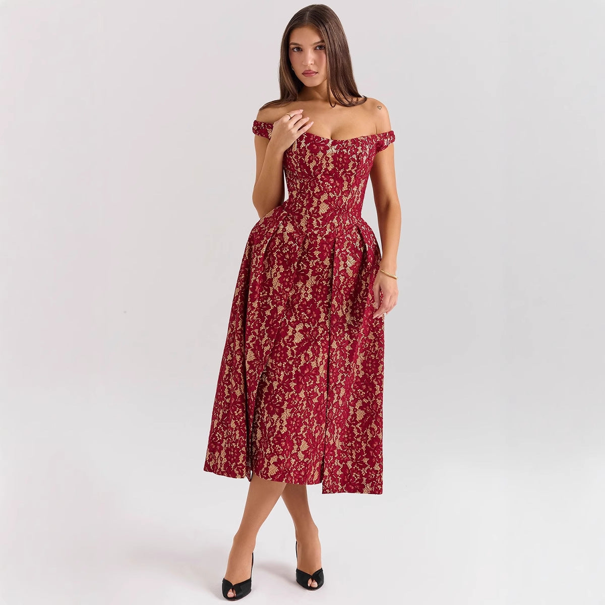 Lace Overlay Off-Shoulder Fitted Dress