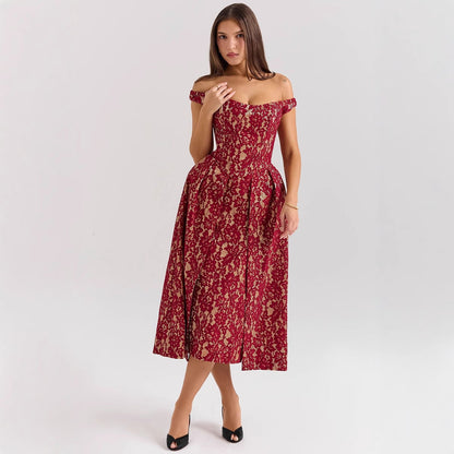 Women’s Off-Shoulder Dress – Lace Overlay – Open Back – Fitted Waist – Full Skirt