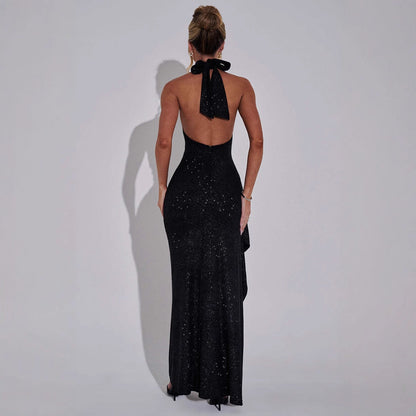 Women’s Evening Dress – Slim Fit – Halter Neck – Open Back – Side Slit – Shimmer Fabric