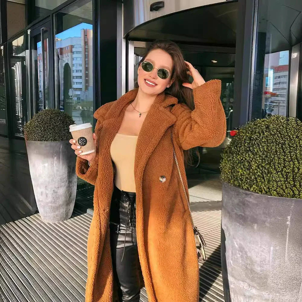 Women’s Long Coat – Oversized Fit – Plush Fleece – Notched Lapel – Full Length