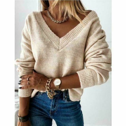 V-Neck Solid Color Sweater