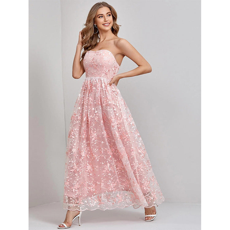 Women’s Strapless Evening Dress – Lace Embroidered – Flowy Full-Length Fit
