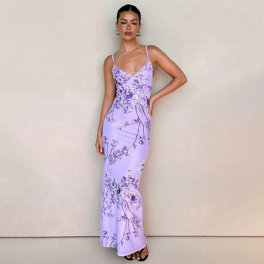 Slim Fit Satin Blend Floral Maxi Dress