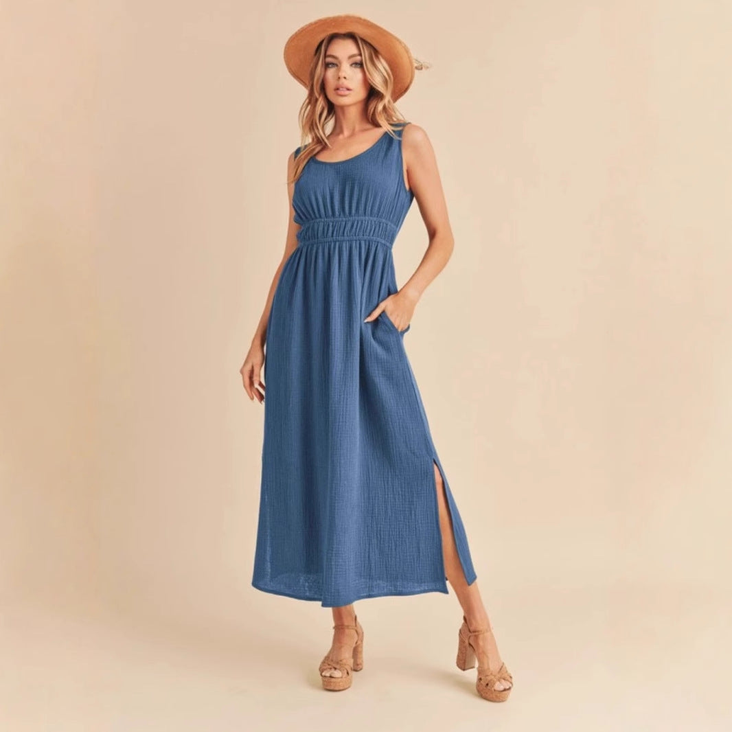 Women’s Sleeveless A-Line Dress – Midi Length – Scoop Neck – Side Pockets – Relaxed Fit