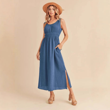 Women’s Sleeveless A-Line Dress – Midi Length – Scoop Neck – Side Pockets – Relaxed Fit