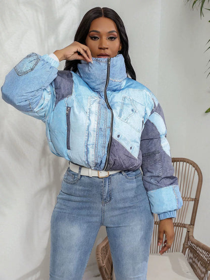Women’s Jacket – Oversized Puffy Fit – Patchwork Denim Look – Zip Front Stand Collar