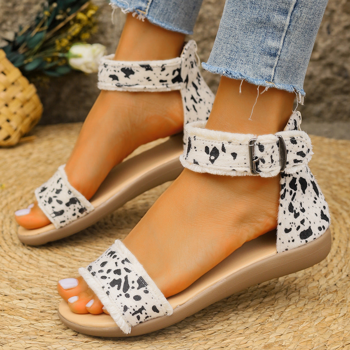 Women's Sandals - Spotted Pattern - Adjustable Buckle Strap - Flat Sole Comfort Wear