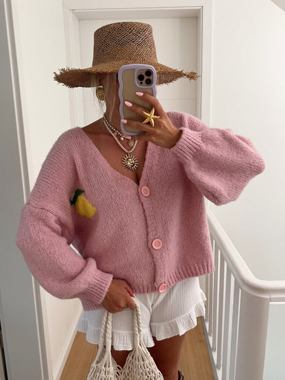 Women’s Cardigan Sweater - Knit Blend - Relaxed Fit - Cropped Length - V-Neck
