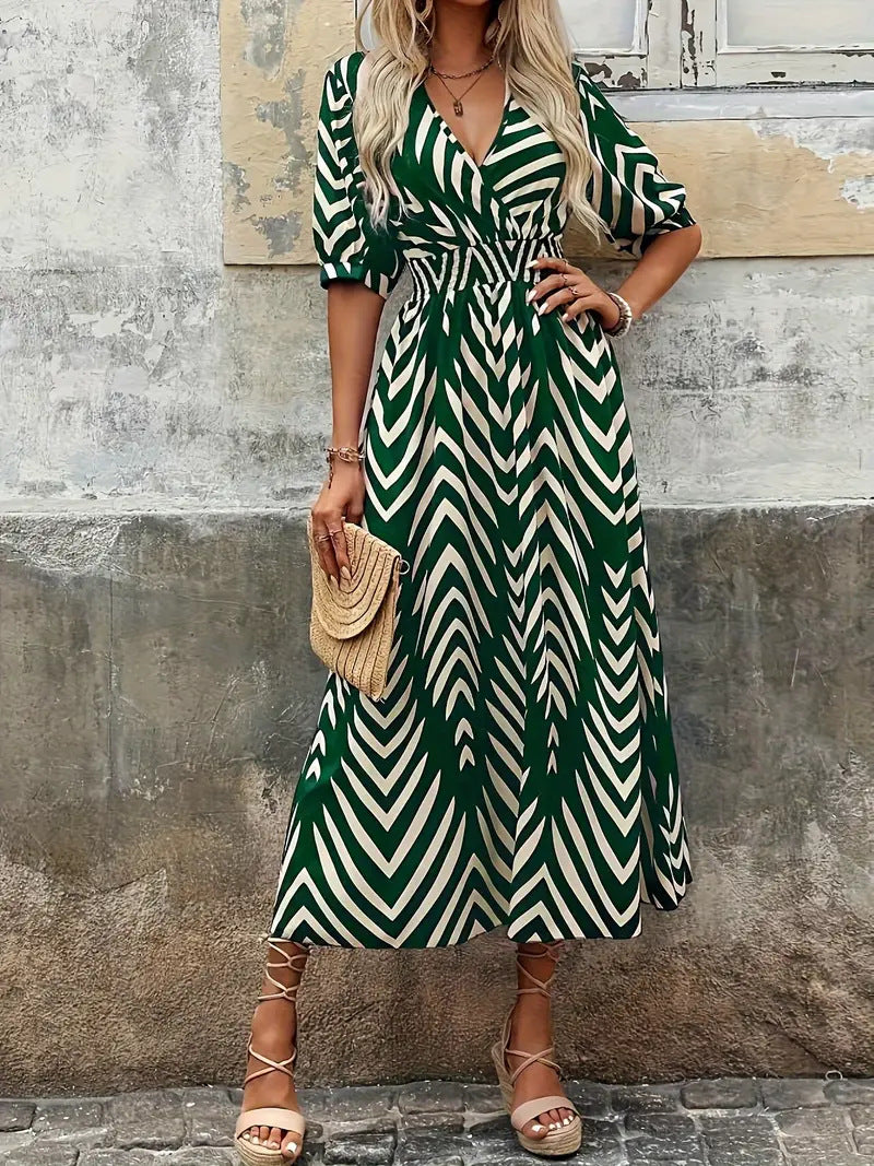 Women’s Midi Dress – A-Line Fit – V-Neck Wrap – Puff Sleeve – Woven Belted Waist