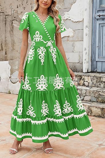 Women’s Maxi Dress – Bohemian Floral Print – Tiered A-Line Fit – V-Neck Short Sleeve