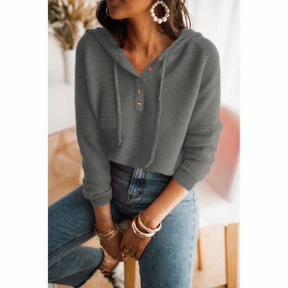 Women’s Hoodie – Relaxed Fit – Knit Texture – Cropped Waist – Button Front – Drawstring Hood
