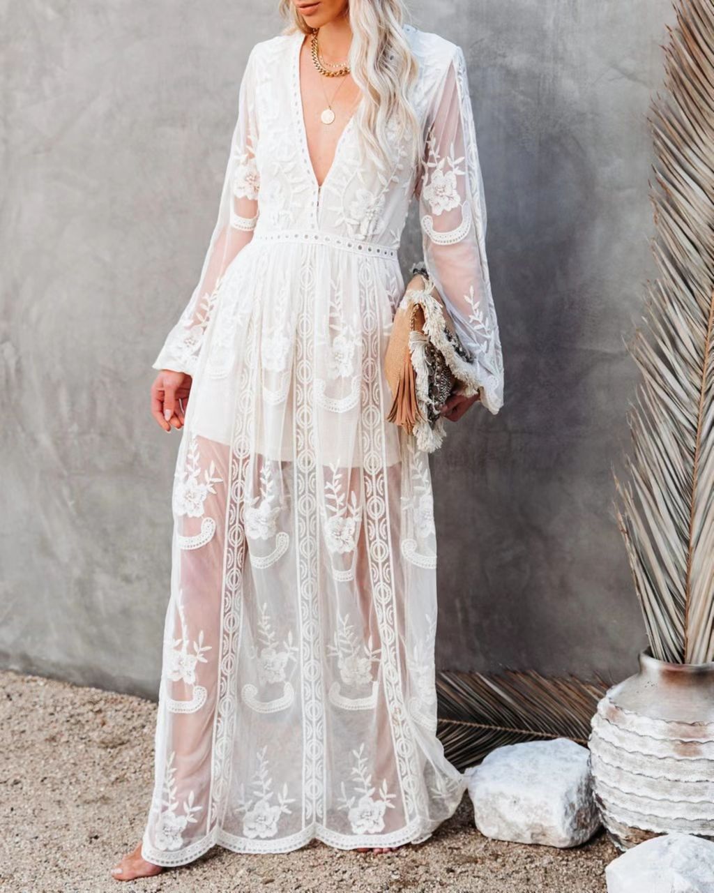 Lace & Chiffon V-Neck Long Dress