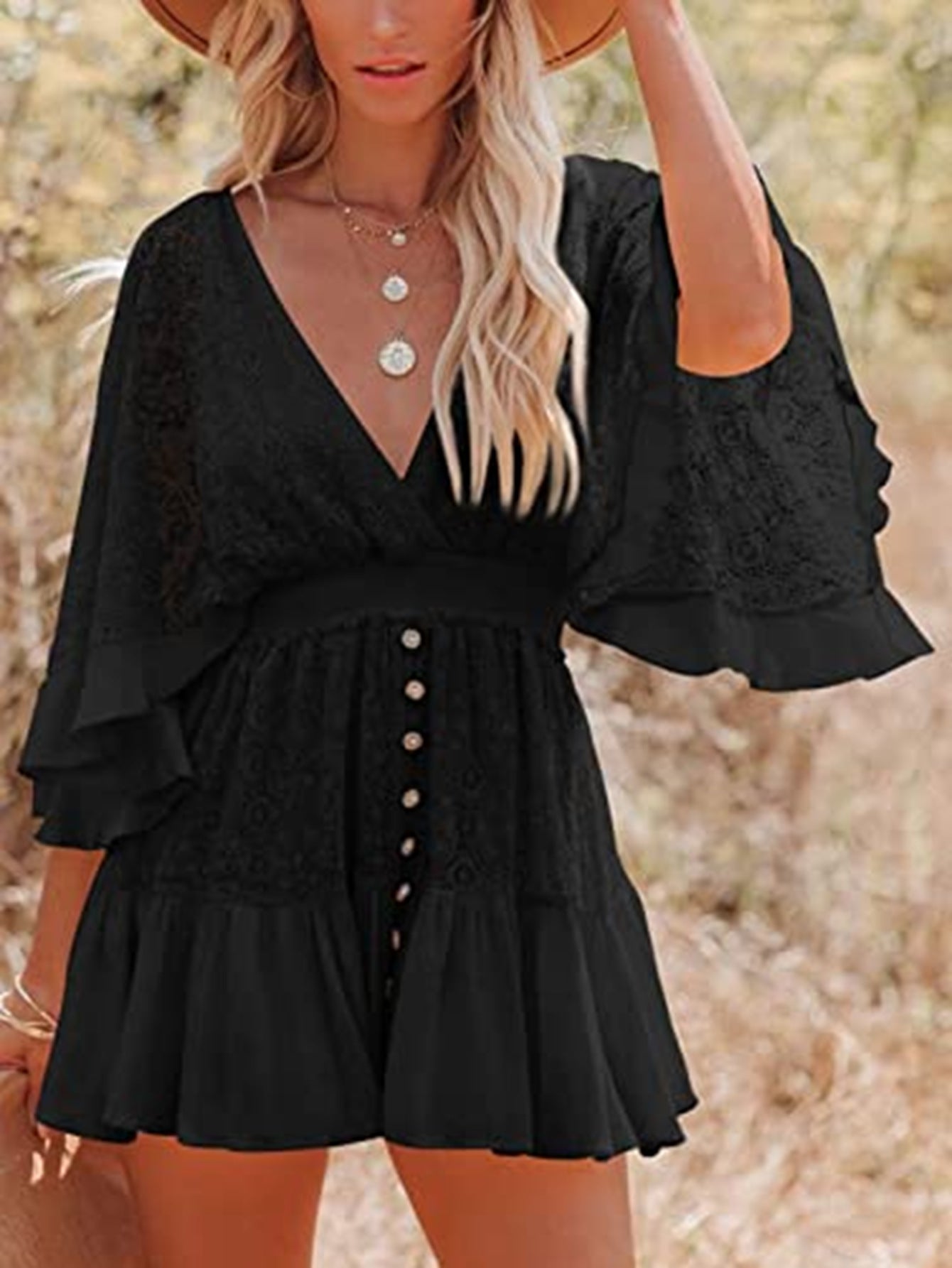 Lace Bell Sleeve Fitted Mini Dress