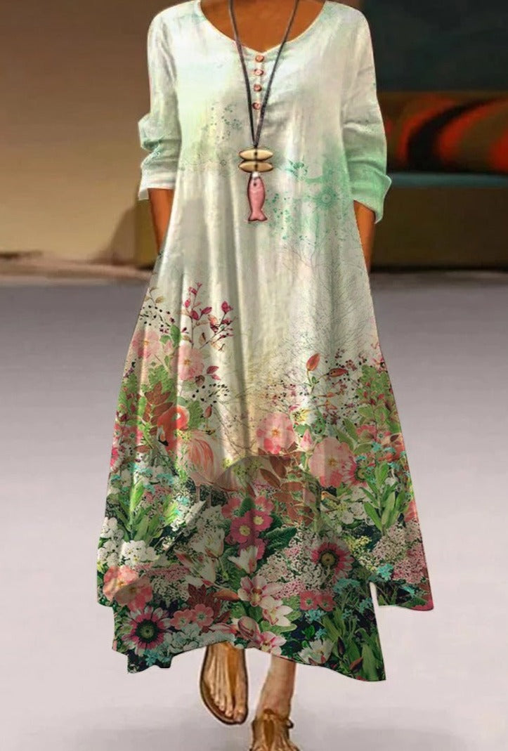 Women's Maxi Dress - Flowy Ankle-Length - 3/4 Sleeve - Round Neck - Artistic Floral Print