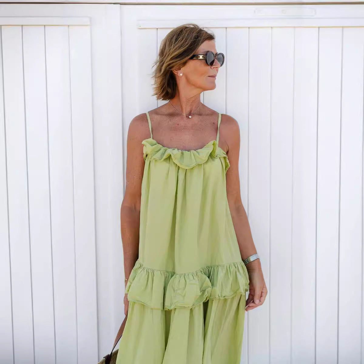 Women’s Maxi Dress – Lightweight Cotton Blend – Flowy Fit – Ruffle Neck – Tiered Skirt