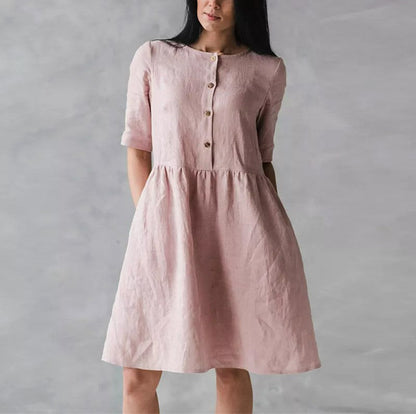 Women’s Midi Dress – Cotton Linen Blend – Relaxed Fit – Button Front with Pockets