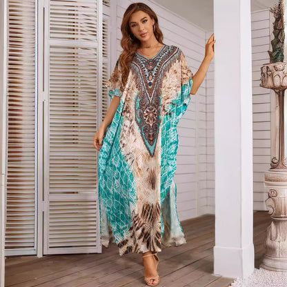 Women's Kaftan Dress - Flowy Lightweight Long Length - Boho V-Neck Short Sleeve