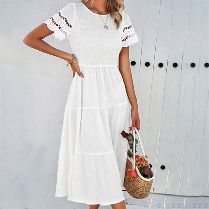Women’s Midi Dress – Smocked Bodice – Tiered Skirt – Cut-Out Lace Sleeves – Flowy Fit