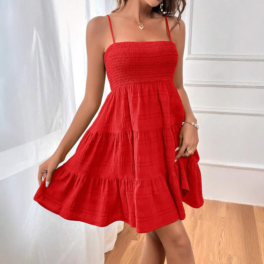 Smocked Bodice Sleeveless A-Line Short Dress