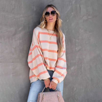 Women’s Oversized Sweatshirt - Crew Neck - Striped - Dropped Shoulder - Ribbed Cuffs