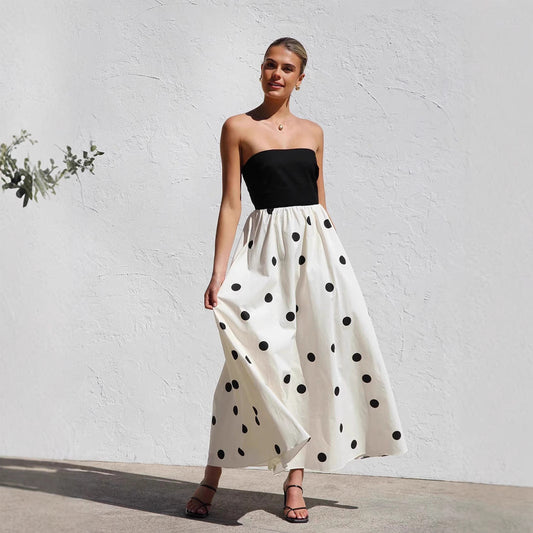 Polka Dot Flowy Strapless Maxi Dress