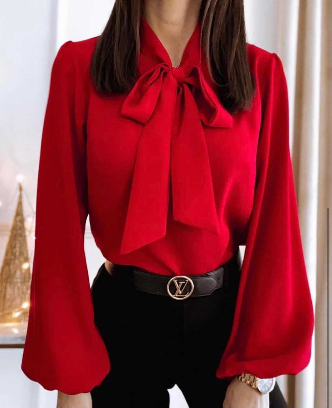 Women's Blouse - Bow Tie Neck - Long Sleeve - Loose Fit Elegant Wear