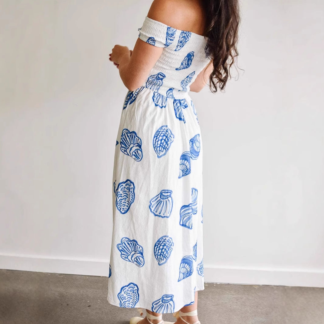 Women’s Off-Shoulder Dress – Smocked Bodice – Shell Print – Cotton A-Line Midi