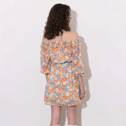 Women’s Mini Dress – Chiffon – Off Shoulder Strapless – Flowy Fit – Floral Print