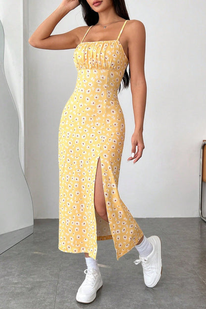 Women’s Midi Dress – Slim Fit – Bustier Bodice – Spaghetti Straps – Floral Print – Side Slit