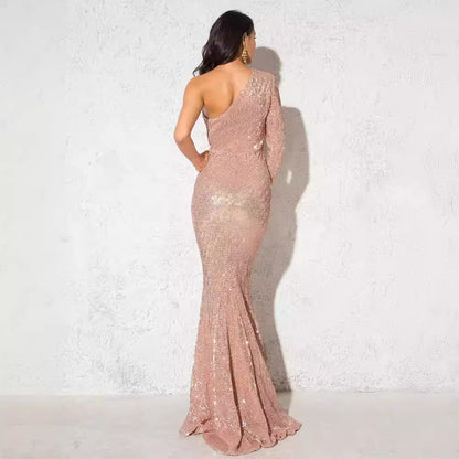 Women’s Evening Gown – Sequined One Shoulder – Slim Fit – Mermaid Silhouette