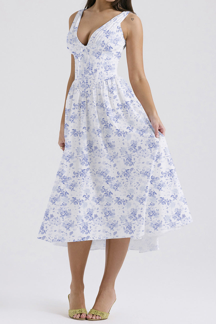 Women’s Midi Dress – Sleeveless V-Neck – A-Line Fit – Floral Print – Lightweight Cotton