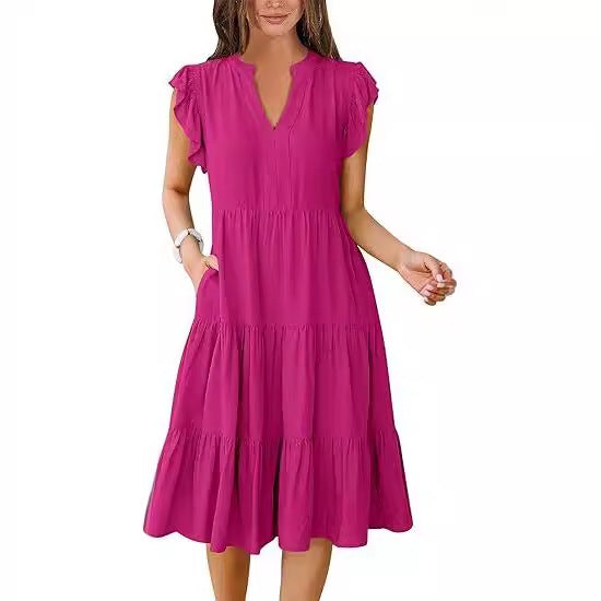 Women’s Midi Dress – V-Neck – Tiered Ruffle – Short Sleeve – Relaxed Fit – Cinched Waist