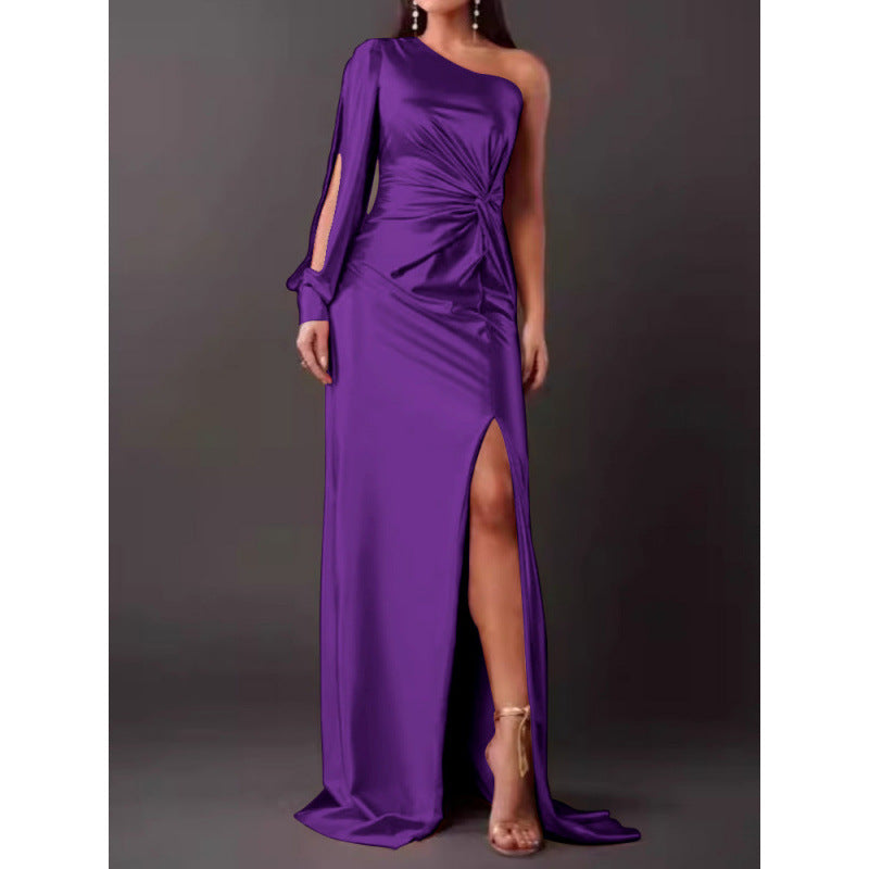 Satin Finish One Shoulder Maxi Dress