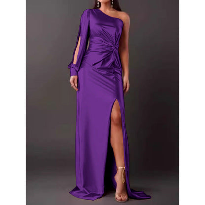 Women’s Maxi Dress – One Shoulder – Satin Finish – High Slit – Ruched Slim Fit