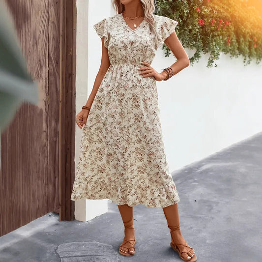 Floral Ruffle Hem Cotton Blend Midi Dress
