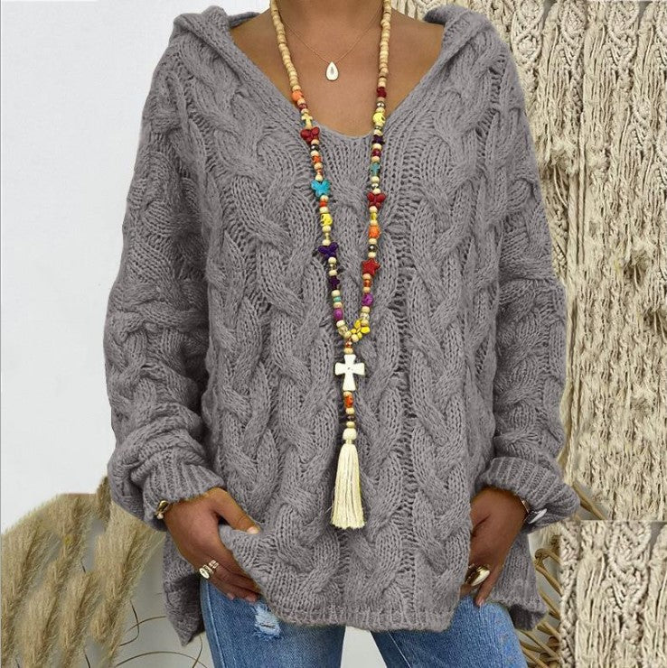 Women's casual twist knit v-neck hooded sweater