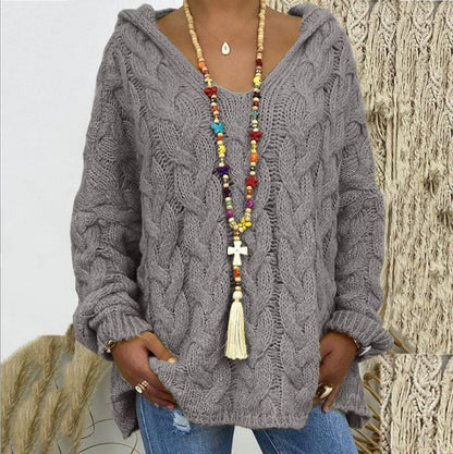 Women's casual twist knit v-neck hooded sweater