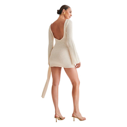 Women’s Mini Dress – Slim Fit Knit – Ruched Side Tie – Flared Long Sleeves