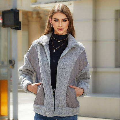 Women's plush zip-up spliced velvet jacket