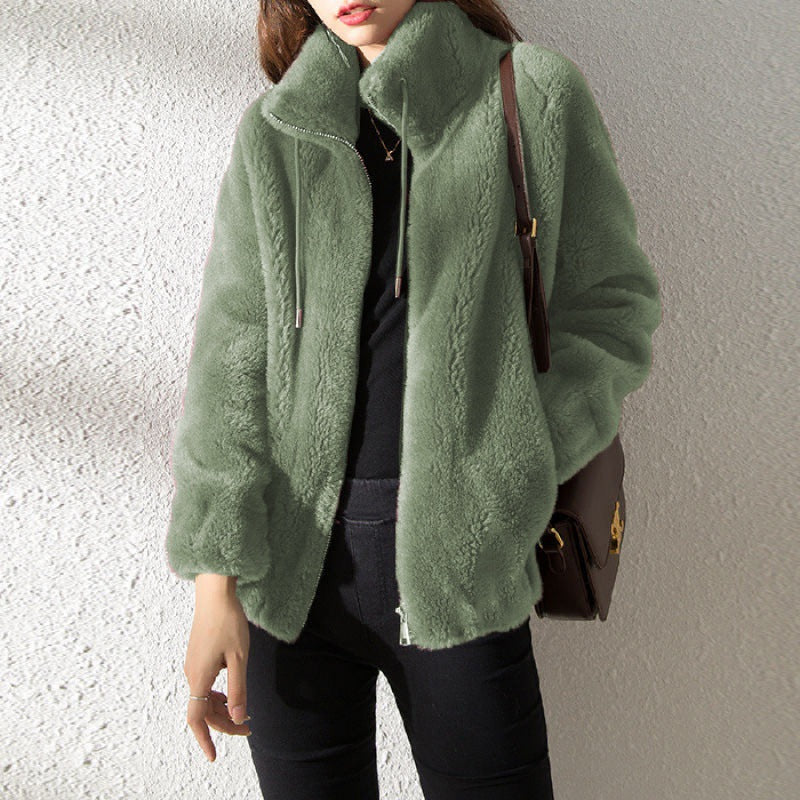 Women’s Jacket – Relaxed Fit – Plush Fleece – Stand Collar – Full Zip – Elastic Hem