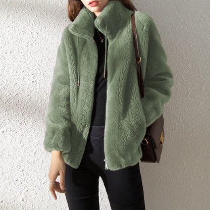 Women’s Jacket – Relaxed Fit – Plush Fleece – Stand Collar – Full Zip – Elastic Hem