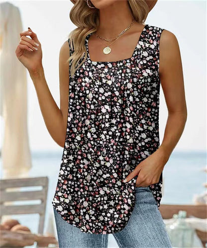 Women’s Sleeveless T-Shirt – Square Neck Vest – Floral Print – Relaxed Fit – Breathable Blend