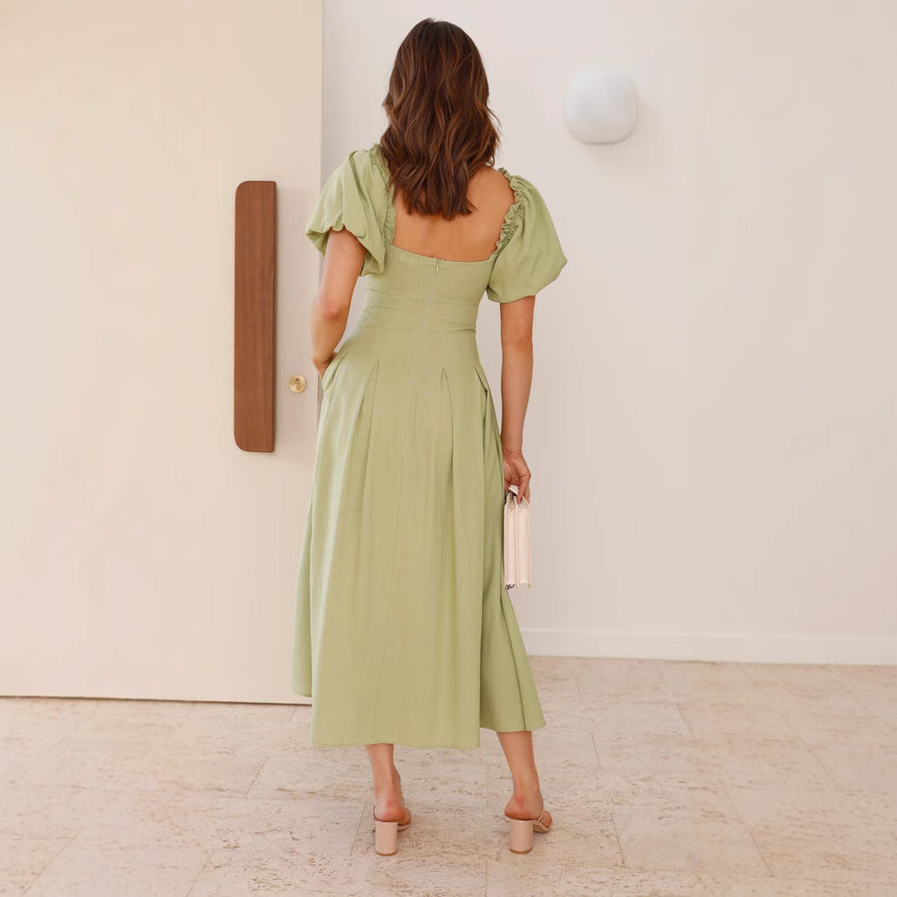 Puff Sleeve Fit and Flare Midi Dress