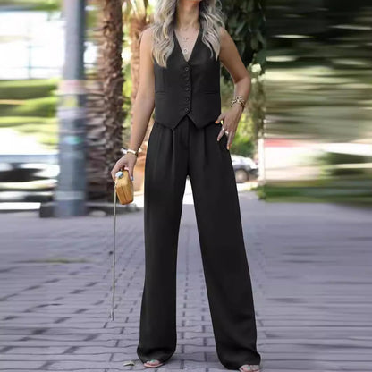 Women's sleeveless v neck vest with wide leg pants set