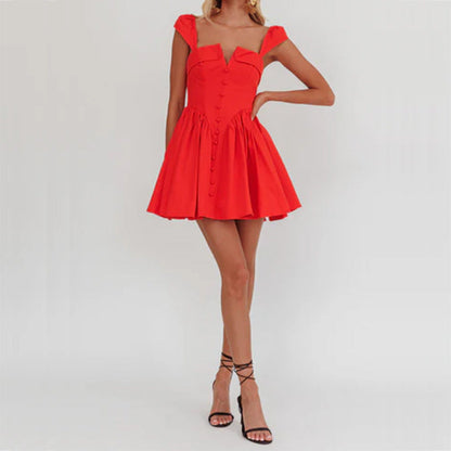 Women’s Sleeveless Mini Dress – Fitted Bodice – Pleated A-Line Skirt – Square Neckline