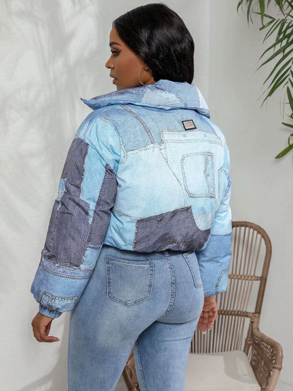 Women’s Jacket – Oversized Puffy Fit – Patchwork Denim Look – Zip Front Stand Collar