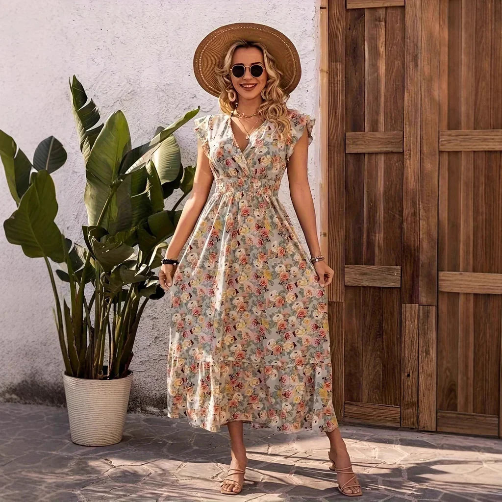 Women’s Maxi Dress – Floral Print – V-Neck – Empire Waist – Tiered Skirt – Flutter Sleeves
