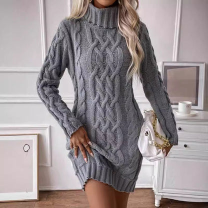 Women’s Sweater Dress – Cable Knit – Slim Fit – Turtleneck – Long Sleeve Mini